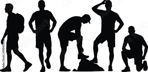 Five male silhouettes in different positions including walking, standing, and tying a shoe