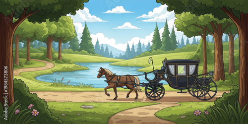 Horse Drawn Carriage in Peaceful Forest Landscape with Lake Countryside Road Vintage Transport and Nature Scenic Illustration