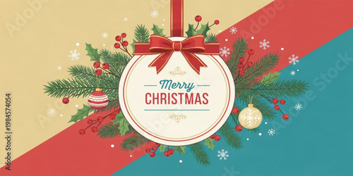 Merry Christmas Greeting Card with Holiday Ornament Ribbon Pine Branches Holly Berries Snowflakes and Festive Background Design