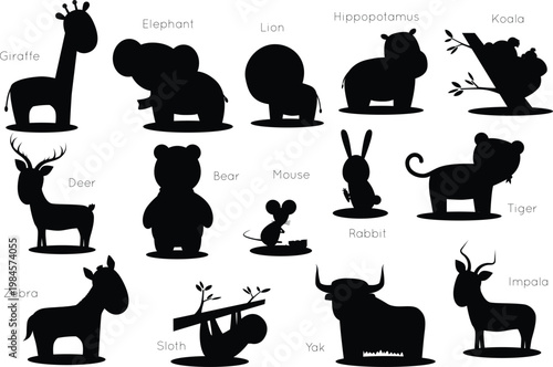 Collection of black animal icons on a white background. A diverse set of stylized animal silhouettes including birds, insects, mammals, reptiles, and amphibians, presented in a