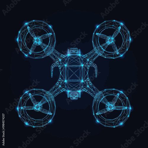 Drone with four rotor blades flying.