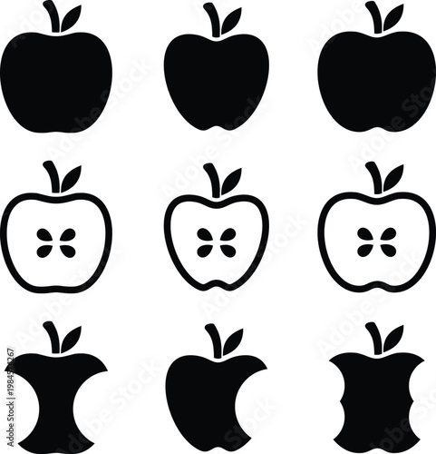 A set of hand-drawn sketches with apples and leaves. Vector illustrations with whole and cut fruits. Vintage style engraving. Collection of isolated objects on a white background