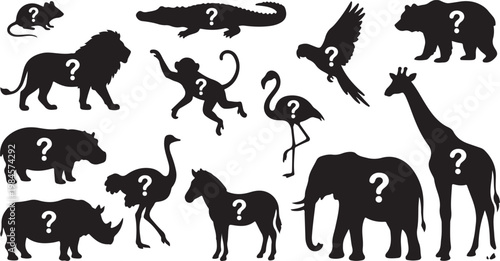 Collection of animal silhouettes with question marks silhouette wildlife question learning education identification illustration elephant flamingo alligator