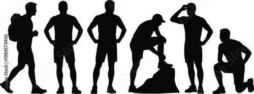 Group of male adventure seeker silhouettes demonstrating different hiking and resting positions