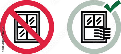 Icons illustrating proper window ventilation practices, showing a closed window forbidden and an open window encouraged for fresh air