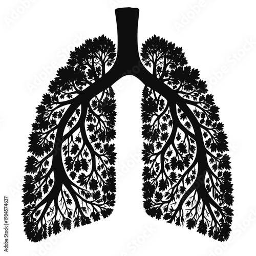 Human lungs formed by tree branches and leaves symbolizing connection between nature clean air respiratory health and environmental sustainability