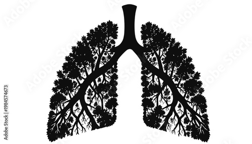 Lungs formed by tree branches and leaves symbolizing clean air respiratory health environmental protection and connection between humans and nature