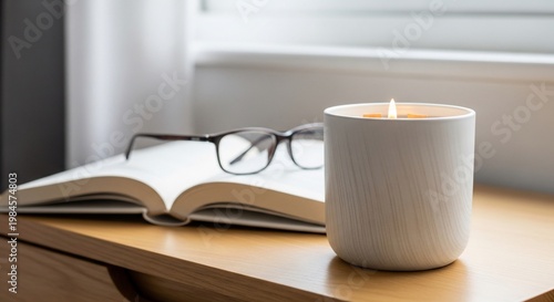 Cozy Reading Nook: Candle, Book, and Glasses on Wooden Table