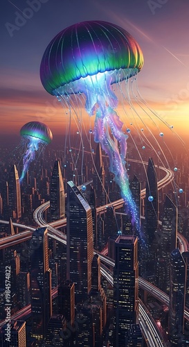 Surreal cityscape with giant jellyfish-like creatures floating above towering skyscrapers at sunset. The scene has futuristic vibes