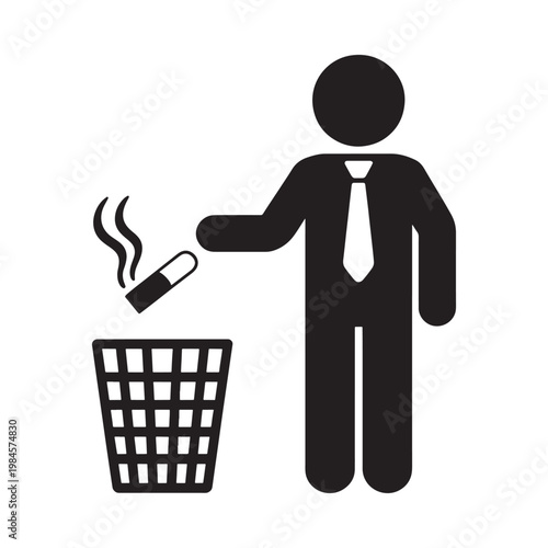 A stick figure discarding a cigarette butt into a wastebasket symbolising disposal