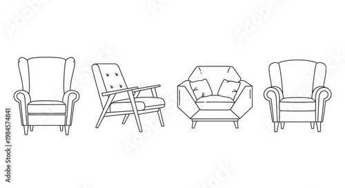 Collection of Four Armchair Illustrations in Sketch Style.
