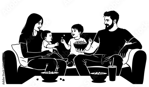Family couch silhouette vector parents baby snacks home bonding illustration