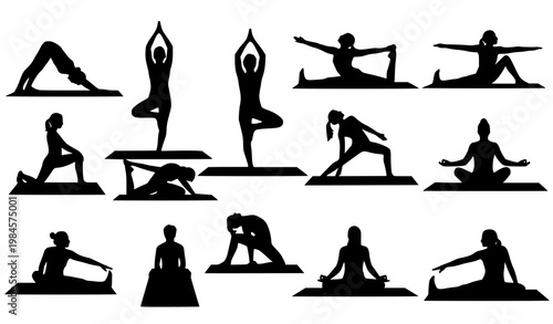 Yoga silhouette vector set dynamic poses meditation fitness illustration