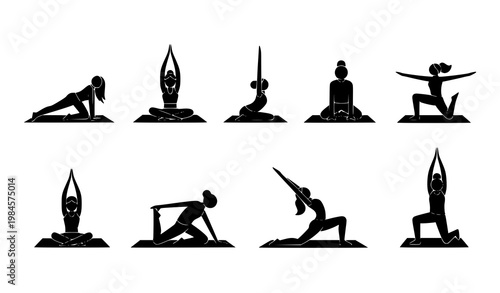 Yoga silhouette icon set vector people poses fitness minimal illustration