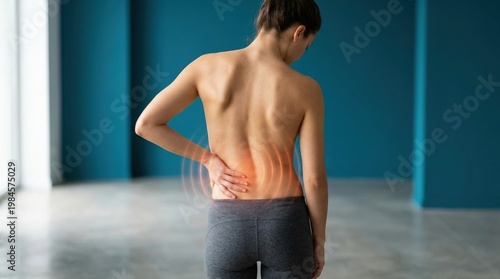 Woman suffering from back pain. Back view of a female with scoliosis and spinal curvature. Chronic discomfort in lumbar area, physical therapy, medical diagnosis and orthopedics concept.