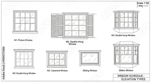 Architectural Drawings of Various Window Designs and Styles.