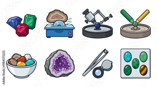 Colorful cartoon illustrations of various gemstones and jewelry making tools