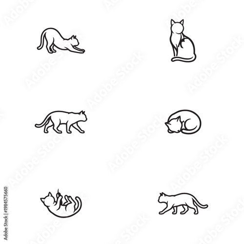 black and white cat illustrations showing various poses and styles for design use.
