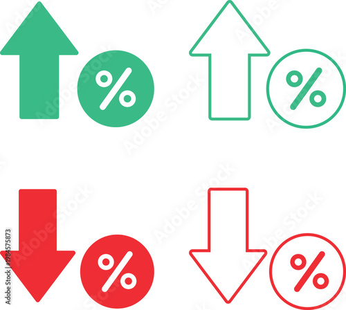 Green and red percentage arrows icons set, up and down trend symbols, growth and decline indicators, outline and solid style, financial analytics, business infographic design elements.