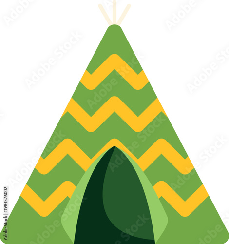 Traditional native american dwelling or play tent featuring a green and yellow zigzag design