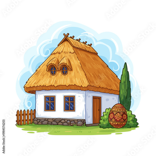 Charming white cottage with thatched roof and blue windows