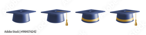 Realistic Blue graduate caps set. 3D Graduation Doctoral hat.