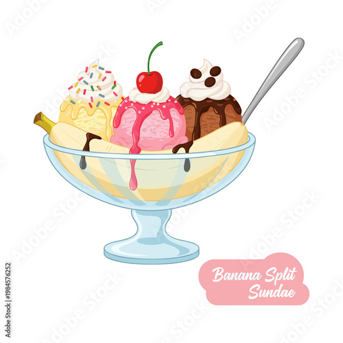 Colorful banana split sundae with cherry and whipped cream