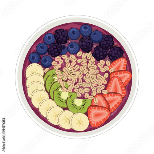 Colorful fruit and oatmeal breakfast bowl with blueberries