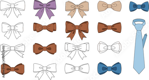 Collection of Elegant Bow Ties and Necktie Illustrations Featuring Various Styles and Colors for Formal Fashion Design Isolated on White Background