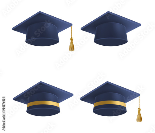 Realistic Blue graduate caps set. 3D Graduation Doctoral hat.