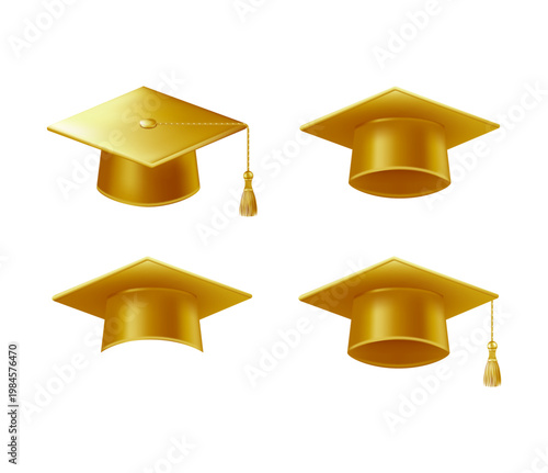 Realistic gold graduate caps set. 3D Graduation Doctoral hat
