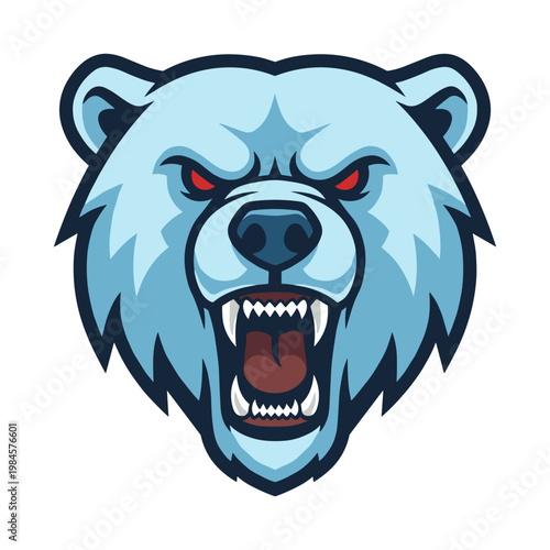 Angry blue bear head with red eyes and open mouth angry bear