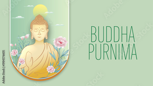 Buddha Purnima Elegant Poster with Buddha Illustration, Nature Elements, and Soft Green Aesthetic Design