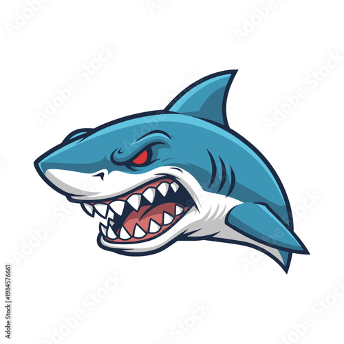 Angry cartoon blue shark with open mouth showing sharp teeth