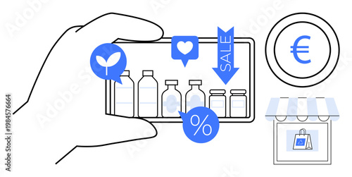 E-commerce, retail marketing, eco-friendly shopping, discount promotions, mobile apps, digital payments. A hand holding a smartphone displaying products. E-commerce and retail marketing