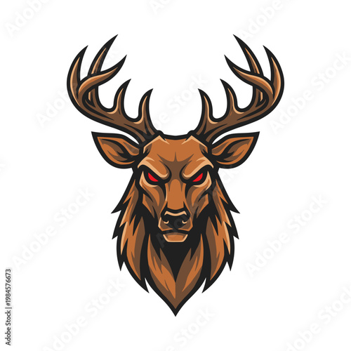 Angry brown deer head with large antlers and red eyes