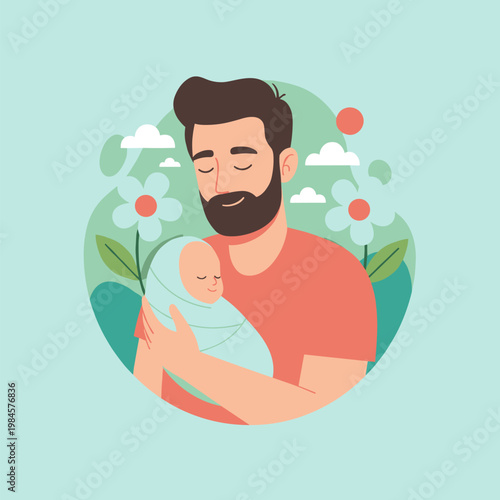 Bearded man holding a swaddled baby in a green outdoor setting