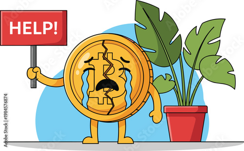 Crying Cracked Bitcoin Character Holding a Help Sign Representing Cryptocurrency Market Crash Financial Loss Investment Failure and Digital Currency Volatility Risks