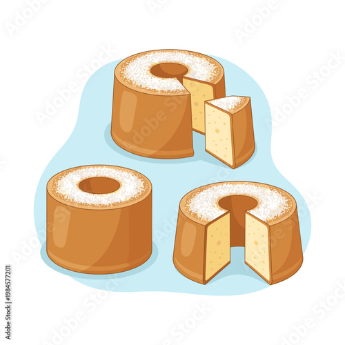 Brown ring cakes with white sugar topping, sliced brown cakes