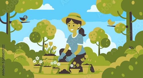 Woman gardening with dog in park.