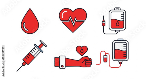 Medical icons representing blood donation and healthcare concepts.