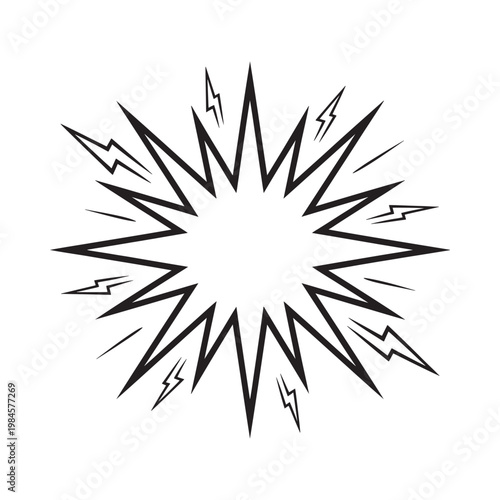 Black and white starburst explosion with jagged lines and lightning bolts