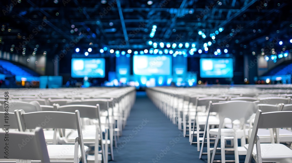 Fototapeta premium Empty Venue: Capturing an expansive, open space of an event hall before attendees arrive. The soft focus lends a sense of anticipation and readiness. The lines of chairs lead the eye toward the stage.
