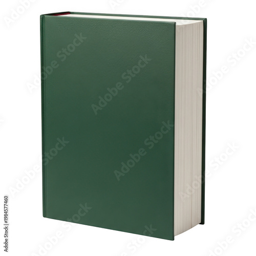 Elegant dark green hardcover book standing upright on a surface isolated on transparent background