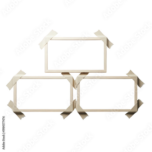 Three wooden picture frames connected with arrows in a linear arrangement isolated on transparent background