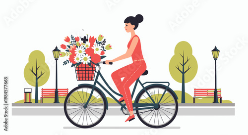 Woman riding bicycle with flower bouquet.