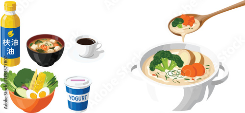 Healthy Meal Collection with Vegetable Soup Yogurt Salad and Seasoning Oil Balanced Diet Food Vector Illustration Set