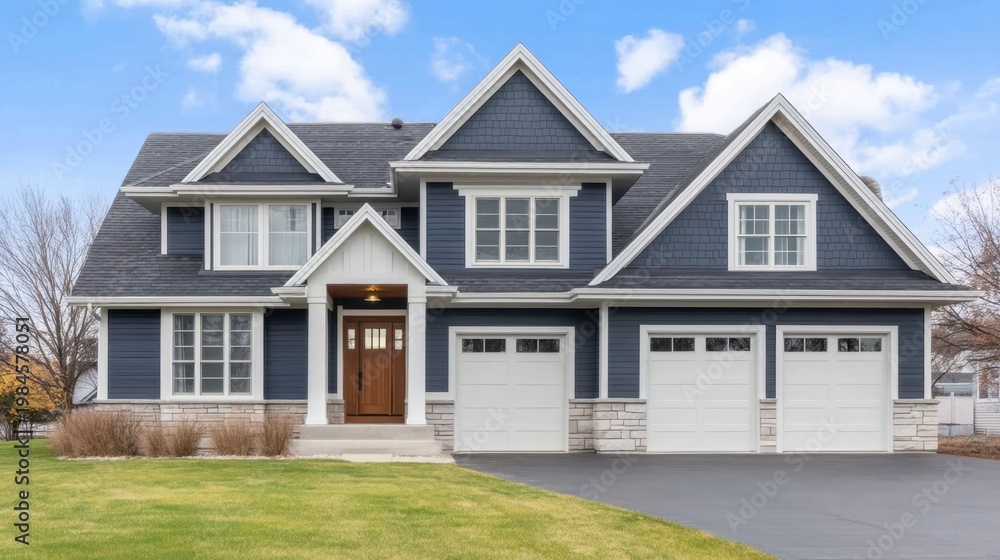 Fototapeta premium Beautiful Dark Blue House with White Trim and a Spacious Lawn in Clear Sky Background