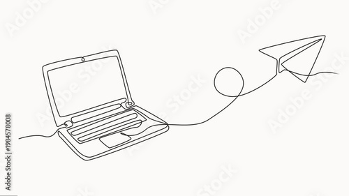 Self drawing line animation laptop computer with paper plane as business concept of startup, Animation video with one line drawing of Notebook connected with paper plane.