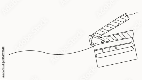 Animated clapper board and film reel continuous one line drawing. Filmstrip linear element video, Vintage film scene taker item concept continuous line draw. Full length animated illustration.